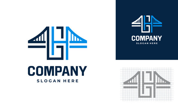 Initial letter GH bridge bold simple logo design, Creative construction skyline buildings technology idea concept