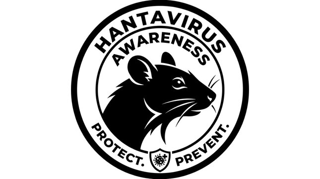 Illustration of a rodent inside a circular awareness logo for virus protection and prevention campaign