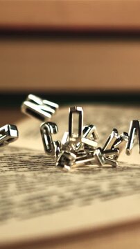 English letters fall on an open book. On a black background. Filmed is slow motion 1000 frames per second. High quality FullHD footage