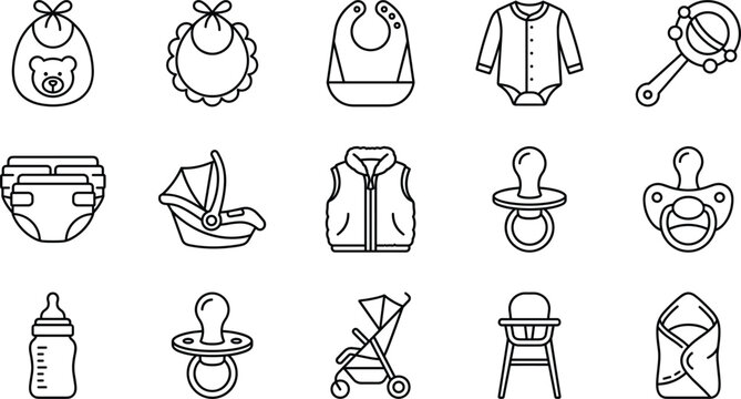 Minimalist baby essentials line icon vector set with bibs clothing toys and pacifiers for newborn care