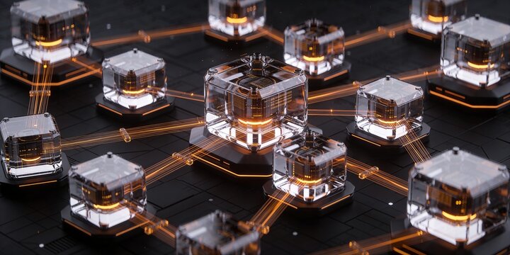 Autonomous AI Agent Orchestration Hub With Transparent Glass Nodes Glowing Amber Data Connections Dark Technology Background