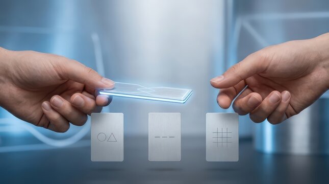 Digital workflow orchestration handoff with cropped hands passing glowing data token above suspended metal status panels and blue silver copy space
