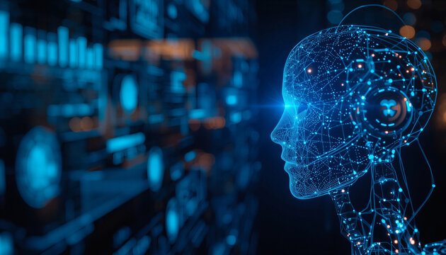 Futuristic AI Humanoid Profile Neural Network Hologram Blue Technology Concept.