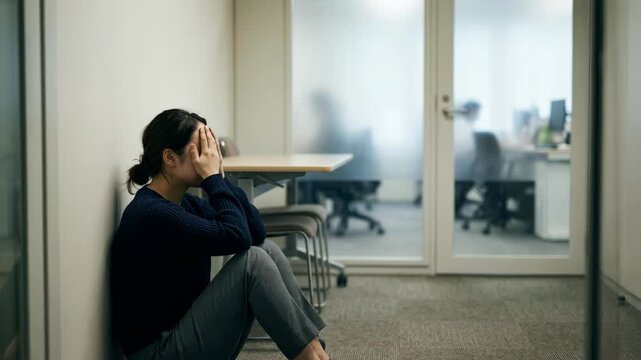 Stressed business woman crying and sitting on office floor for mental health awareness and workplace burnout concept