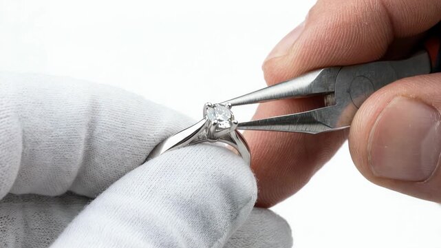Jeweler using pliers to adjust diamond engagement ring prong setting for luxury jewelry manufacturing and repair service concept