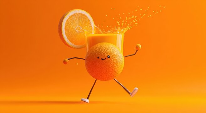 Cheerful orange character with arms and legs, standing near a glass of orange juice, against an orange backdrop.