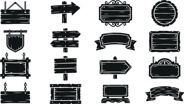 Wooden signboard banners and directional arrow pointers set flat black silhouette vector icons collection isolated on white background for banners billboards road signs