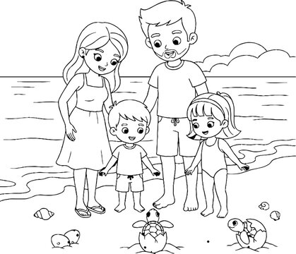 Family observing sea turtle hatchlings on a sandy beach