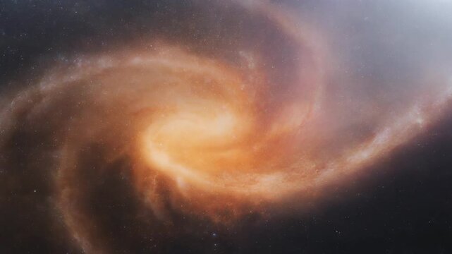 Swirling glowing galaxy core with radiant orange hues, symbolizing cosmic energy, astronomical scale, and dynamic celestial motion in space.