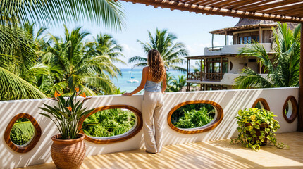 Fototapeta premium Young woman relaxing on tropical luxury resort balcony looking at ocean view. Summer travel vacation getaway at beach hotel with palm trees and blue sky.