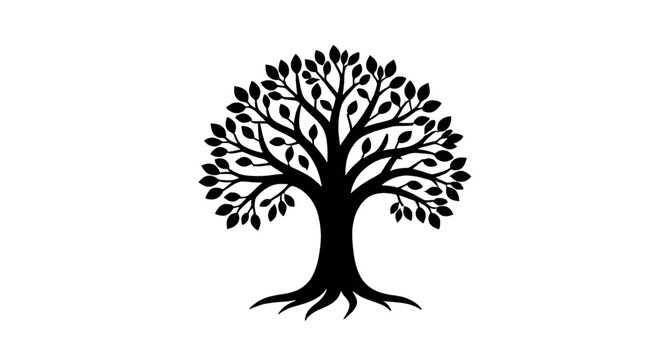 roots, tree, silhouette, black, leaves, branches, nature, symmetrical, botanical, ornamental, decorative, isolated, symbol, vector, illustration, design, elegant