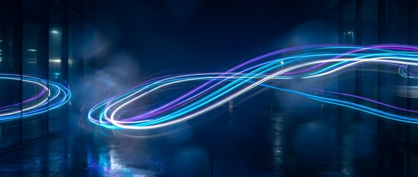 Futuristic Neon Light Trails on Dark Blue Technology Background
