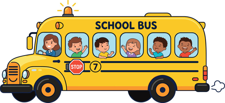 Yellow school bus vector illustration filled with happy multiethnic children waving from windows isolated on white background