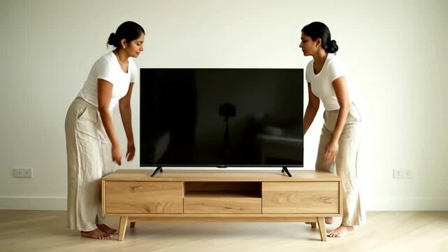 Two Women Carefully Placing Large Flat Screen TV onto Modern Wooden Media Console