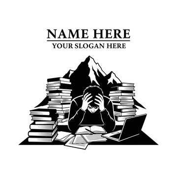 Person overwhelmed by books and paperwork in front of mountains