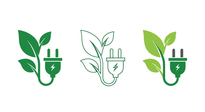 Set of three eco-friendly electrical plug icons with leaf designs in green and white colors representing sustainability