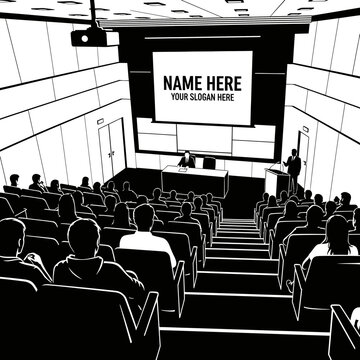 An illustration of a crowded conference room with audience, projector screen, speaker, and moderator in a modern interior