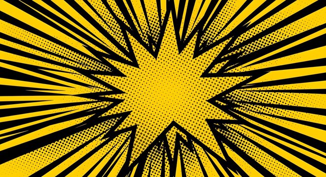 Dynamic yellow and black comic book style explosion background with a starburst shape and halftone dot pattern, ideal for impactful graphic design.