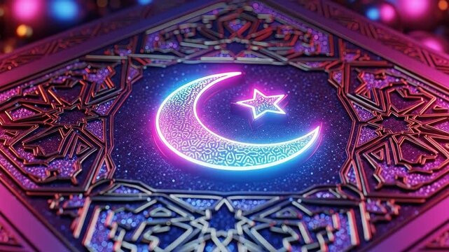 Neon crescent moon and star on ornamental pattern design. Ramadan Kareem concept. Islam culture background for greeting card.