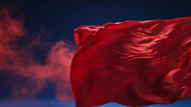 Vibrant red fabric waving with smoke against a deep blue background