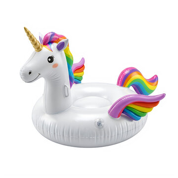 Colorful unicorn floatie in swimming pool isolated on transparent background