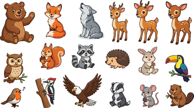 Cute forest animals cartoon collection with bear fox deer rabbit birds raccoon and woodland wildlife characters vector illustration set