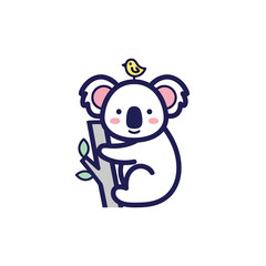 Fototapeta premium Cute cartoon koala sitting on a tree branch with a small bird on its head.