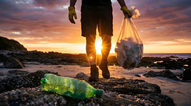 Volunteer cleaning plastic waste from a rocky beach at sunset