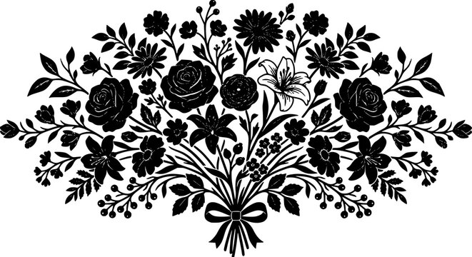 Black floral bouquet silhouette vector with symmetrical flowers and leaves illustration