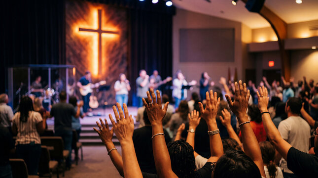Congregation raising hands in worship during a lively church service with a glowing cross
