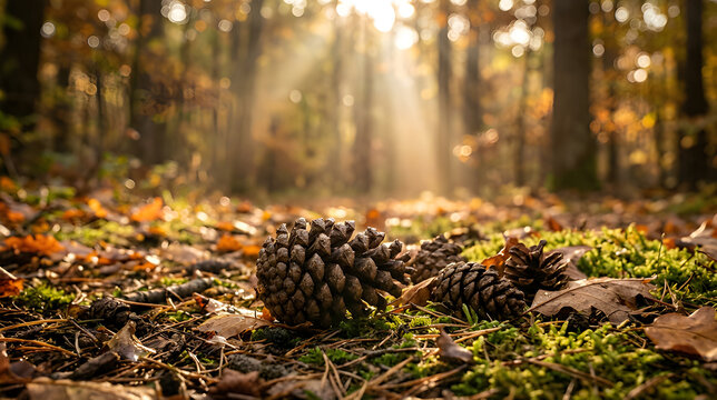 Group of Pine Cones on Green Moss and Dry Leaves in Autumn Forest with Soft Golden Sunlight Filtering Through Trees