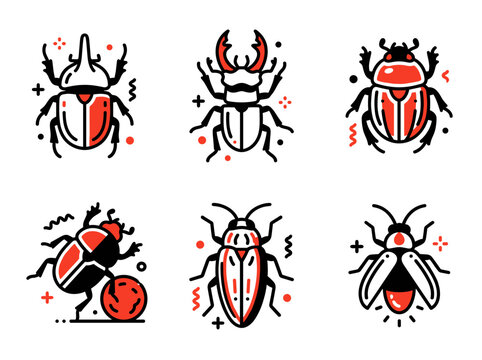 Pixel art collection of beetle icons featuring rhinoceros beetle, stag beetle, scarab, dung beetle, jewel beetle and firefly in red and black, entomology set, insect species illustrations