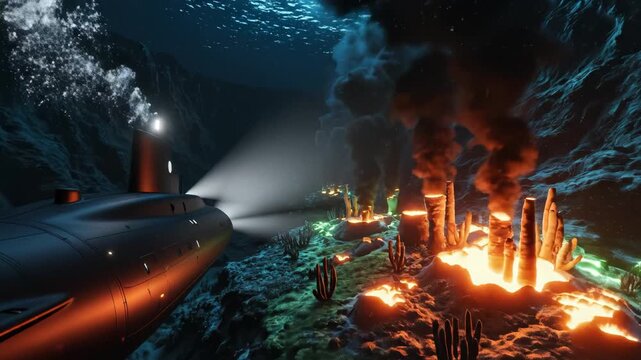 Submarine exploring underwater volcanic vent perfect for wellness retreats and nature documentaries