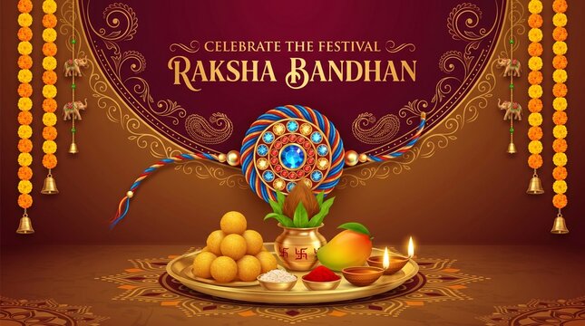 Raksha Bandhan festival banner vector illustration with traditional rakhi, sweets, diya lamps, and kalash for Indian holiday greeting card background