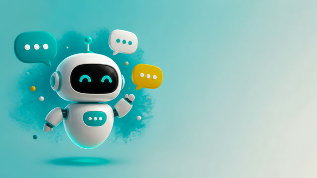 Friendly 3D AI Chatbot Character with Speech Bubbles