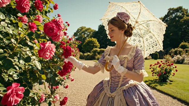 Woman in vintage dress with parasol in garden emphasizing authentic human connections and modern living