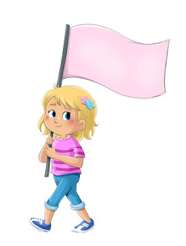 Ni&ntilde;a peque&ntilde;a rubia caminando con una pancarta en la mano, ilustraci&oacute;n infantil