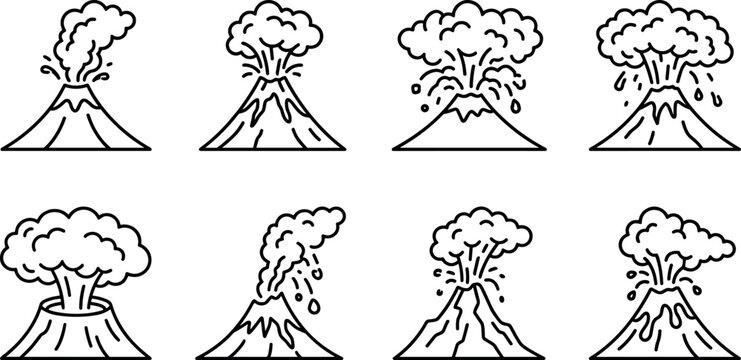 Volcano eruption line icon set with black linear volcanic mountains exploding lava and smoke clouds isolated vector illustration on white background