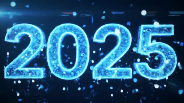 medium close-up video of '2025' dynamically forming with luminous electric blue lines and iridescent glitter on a sleek sapphire background. High-tech new year's eve countdown