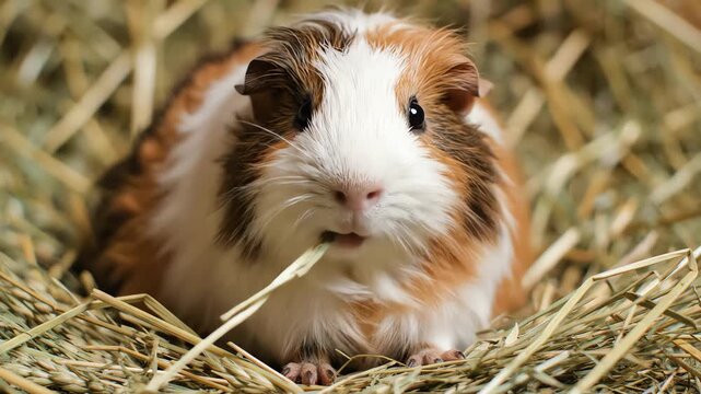 Guinea Pig Peacefully Enjoying Its Hay Meal in a Cozy Natural Setting