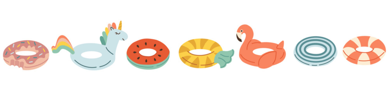 Cartoon set of inflatable swim rings and pool floats. Donut, unicorn, flamingo, watermelon, lifebuoy and pool toys. Colorful summer collection. Vector illustration isolated on white.