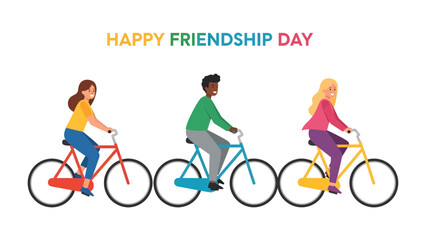 Fototapeta premium Friendship on Wheels: Three friends, a woman and two men, share a joyous ride on their bicycles, celebrating friendship and connection. A vibrant illustration of togetherness and shared moments.