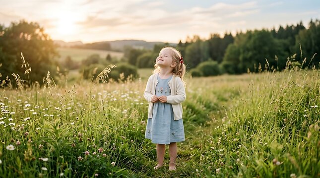 A little girl stands in a lush green meadow filled with wildflowers, looking upwards with a serene expression.