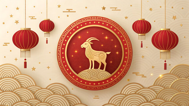 Chinesenewyeargoldengoatzodiacsignsurroundedbyredlanternsandgolddecorationsonbeigebackground transparent background