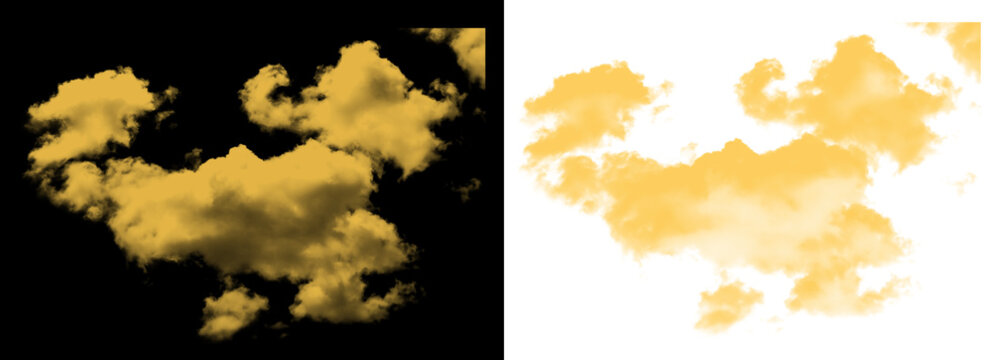 Collection of yellow clouds on black and transparent backgrounds for design