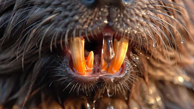 Beaver Showing Its Powerful Orange Teeth and Wet Fur with Water Dripping