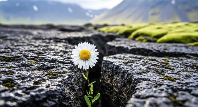 A single daisy flower growing through a crack in volcanic rock