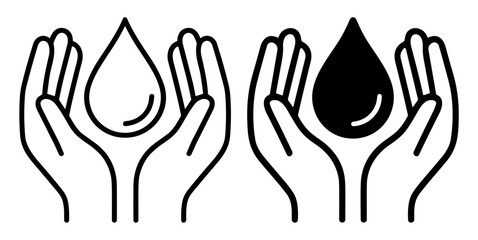 Fototapeta premium Hydration care vector icons with filled and outline water drops held by protective hands on transparent background