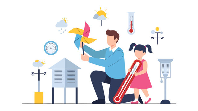 Learning Weather Together: A father and daughter engage in a fun and educational activity, exploring meteorological instruments and learning about weather phenomena.