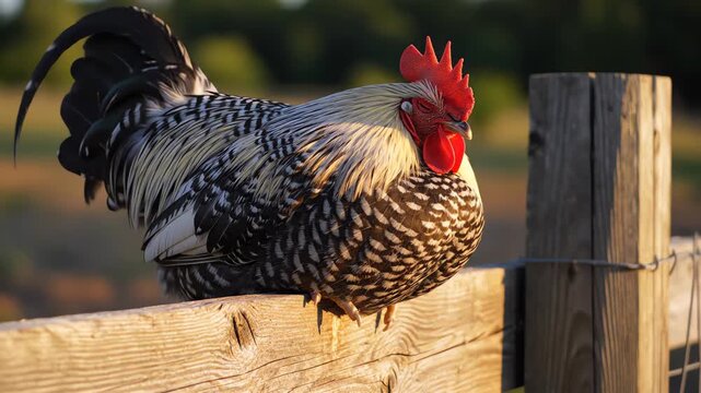 Rooster Resting on a Wooden Fence Post in Warm Golden Hour Sunlight
